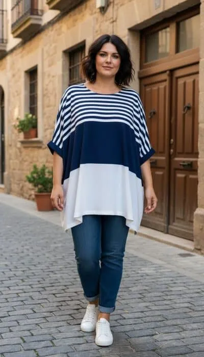 Du trägst ein lässiges Streifenshirt, Jeans und weiße Sneaker - spaziere stylish über das Kopfsteinpflaster in den Tag!.