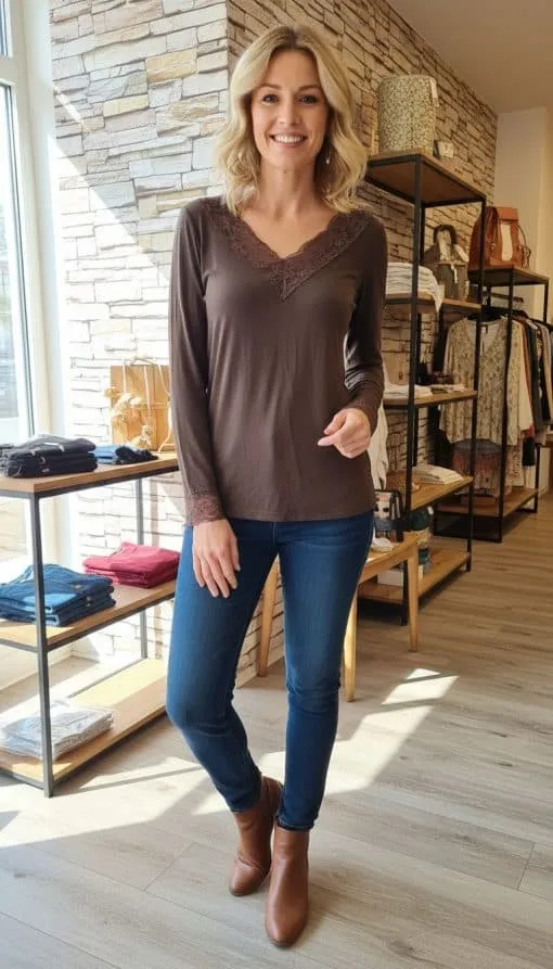 Du trägst das braune BASIS KASCHMIR Shirt, stylische Jeans und Boots - strahlend schön beim Shoppen im trendigen Store.