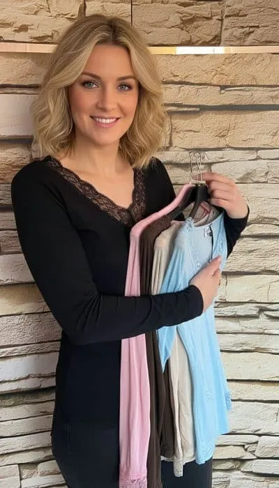 Home Du hältst strahlend pastellfarbene Kleidung, darunter das trendige BASIS KASCHMIR Shirt, vor urbaner Steinwand.