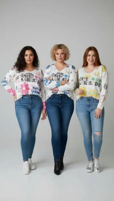 Zieh dir Jeans und unsere farbenfrohen 