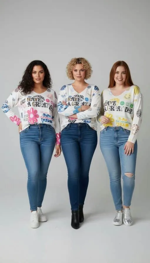 Zieh dir Jeans und unsere farbenfrohen 