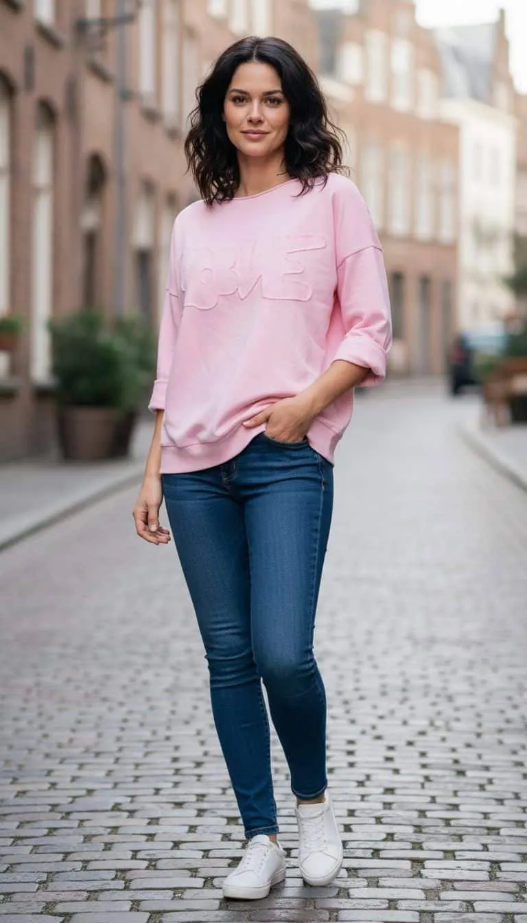 Strahle in deinem weichen & full of LOVE Sweatshirt und Jeans auf der Kopfsteinpflasterstraße - lächle, verbreite Lebensfreude!.