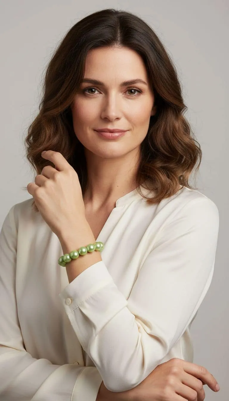 Strahle pure Eleganz: Trage das grüne Traumperlen-Armband zu deiner weißen Bluse und unterstreiche dein modernes Lächeln!.