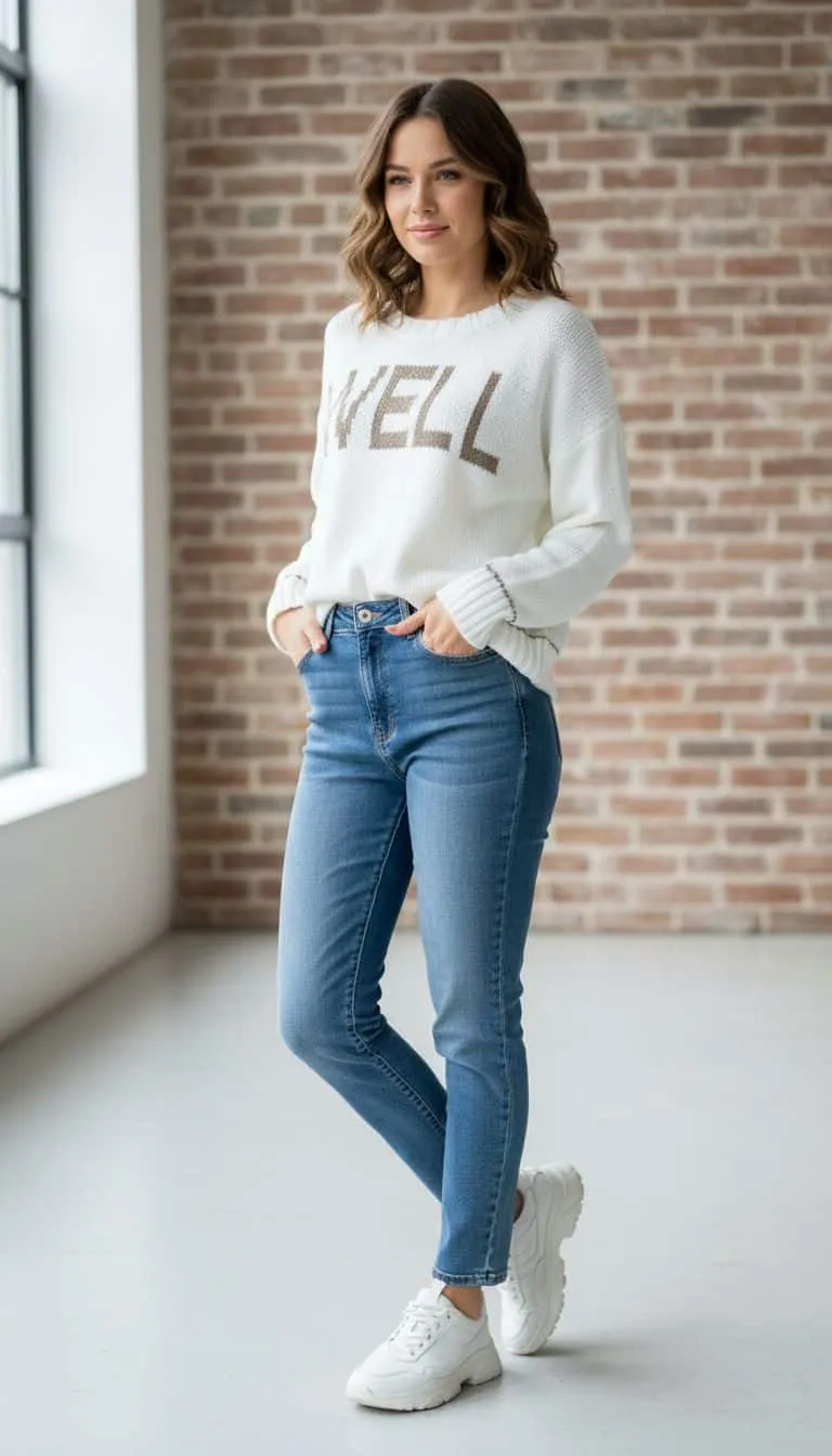 Du trägst einen angesagten weißen Sweater mit 