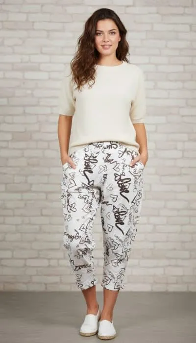 Du trägst einen cremefarbenen Kurzarm-Pullover, weiße Print-Hose und Sneakers - lässig vor der angesagten Backsteinwand.