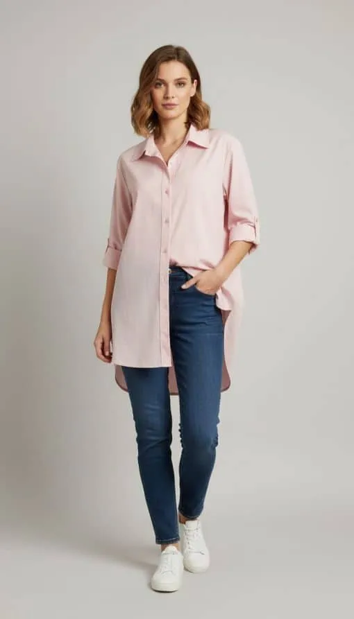 Erlebe deinen modernen Look: Du trägst die Soft Basics Bluse in zartem Rosa, kombiniert mit Blue Jeans und weißen Sneakern.