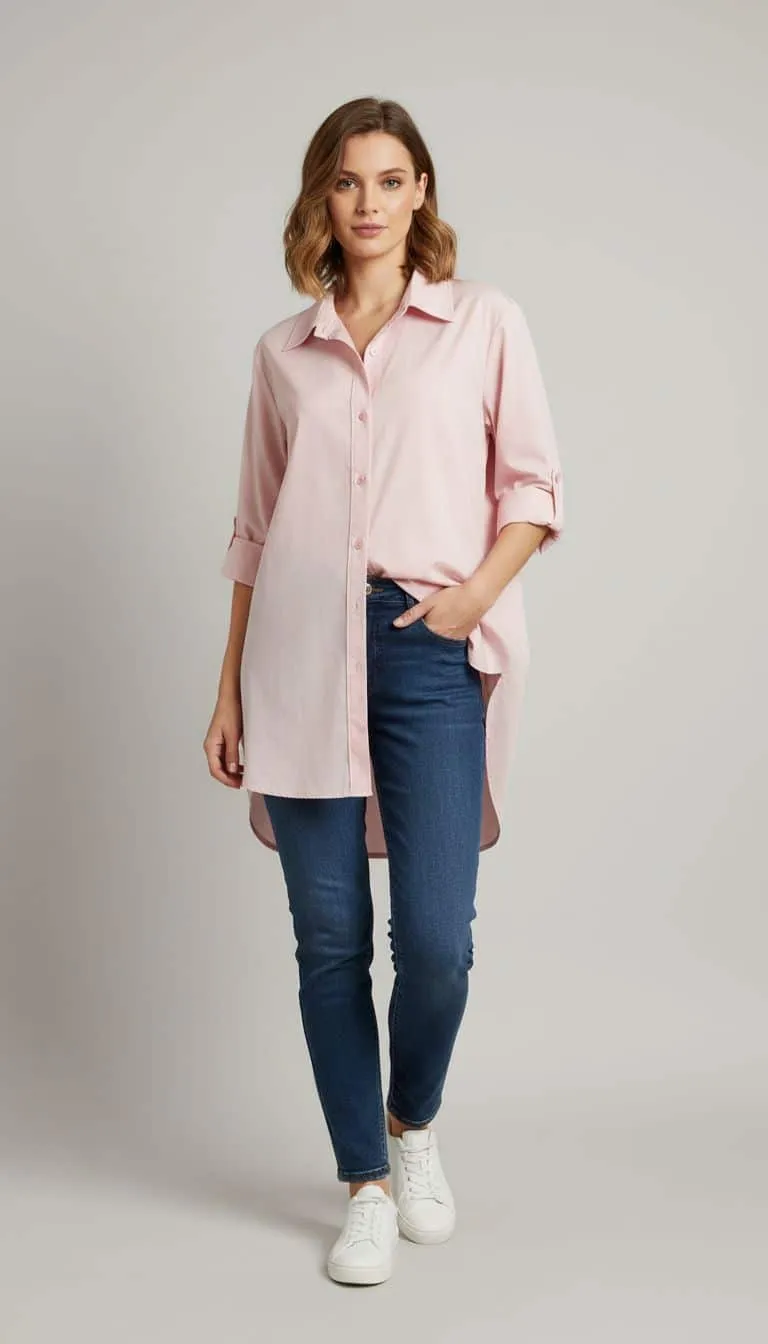 Erlebe deinen modernen Look: Du trägst die Soft Basics Bluse in zartem Rosa, kombiniert mit Blue Jeans und weißen Sneakern.