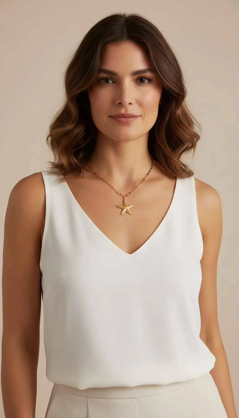 Entdecke deinen Sommer-Look: Strahle mit welligem braunen Haar, weißem Top und dem Beach Dreams Seestar Gold-Seestern-Kette!.