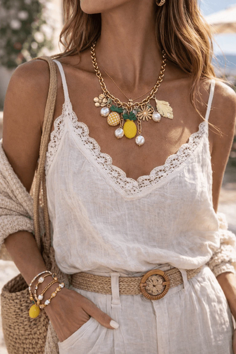 Tropischer Charme: Collier mit Ananas-Anhängern, Perlen und Golddetails. Modeschmuck für einen sommerlichen Look.