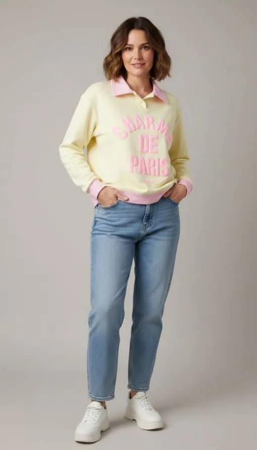 Setz ein Statement: In deinem gelb-rosa Sweatshirt, Jeans und weißen Sneakern strahlst du pure Lässigkeit aus.