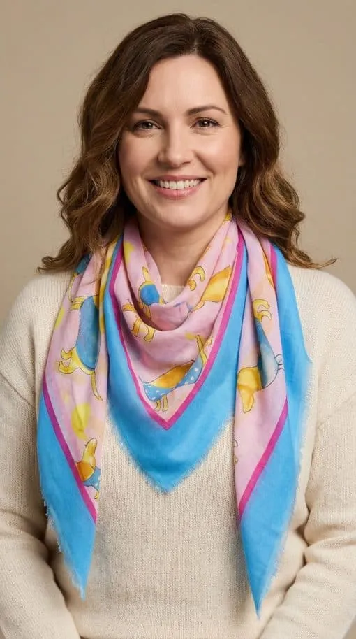 Strahle mit deinem Look - du trägst einen cremefarbenen Pullover und das moderne Dackelträume-Tuch in Blau und Pink.