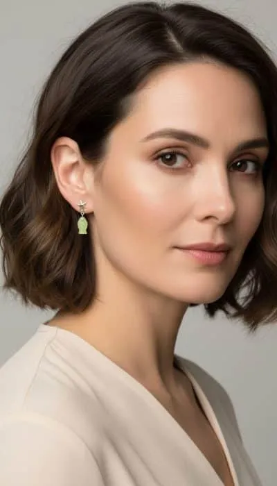 Mit deinem kurzen braunen Haar, den hellgrünen Fish Ohrstecker-Ohrringen und der cremefarbenen Bluse strahlst du pure Eleganz aus.