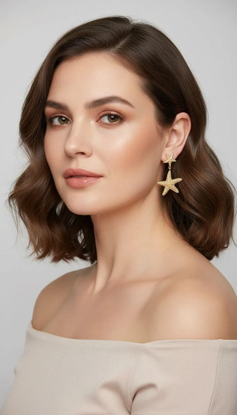 Du trägst elegante Meeres-Charme Ohrringe und ein Off-Shoulder-Top - dein moderner Look zieht alle Blicke auf dich.