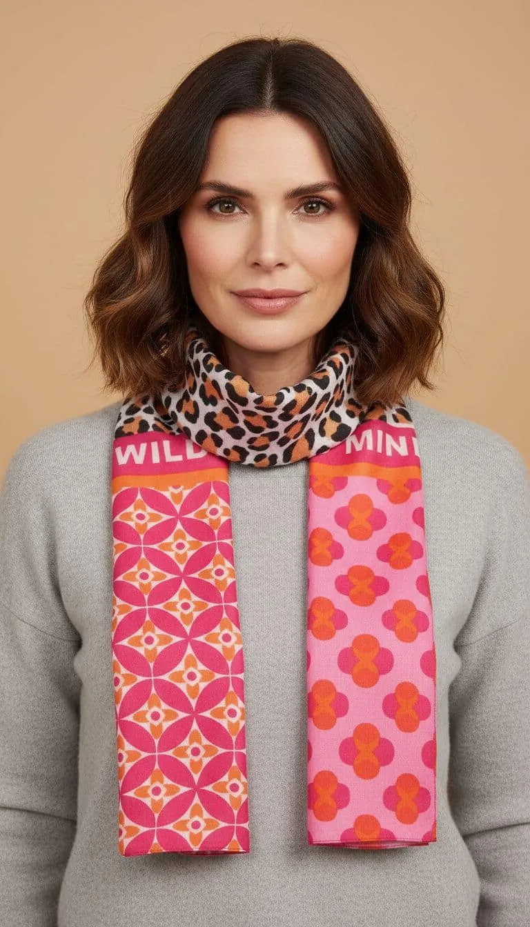 Entdecke deinen Style: Trage den Mind Leo Schal Zwillingsherz im Leo-Look und kombiniere ihn modern mit Pink zu Grau!.