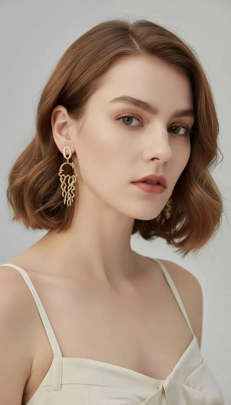 Du trägst ein cremefarbenes Spaghettitop und die Ozean Magie Ohrstecker - modern, stilvoll und voller Selbstbewusstsein.