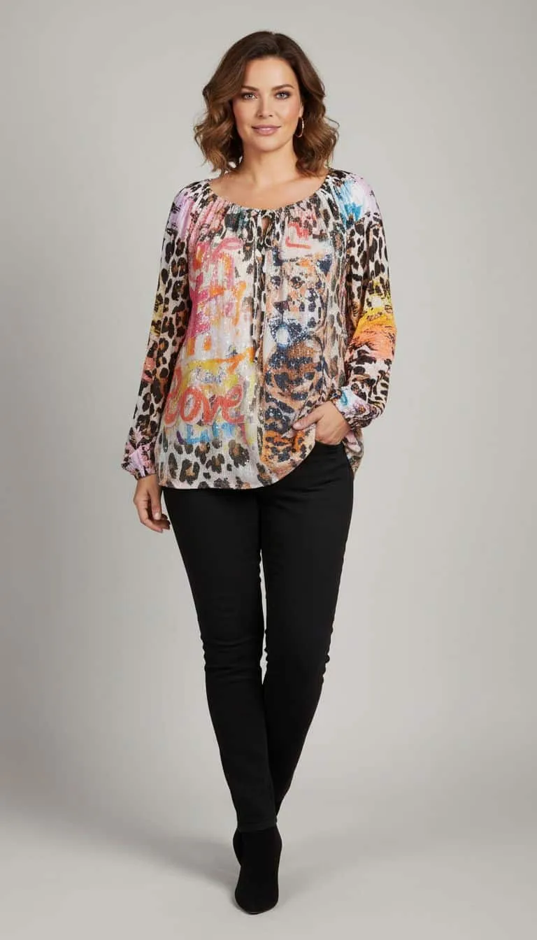 Erlebe deinen Wow-Moment: Du trägst die stylische STATEMENT Tunikabluse 2tlg. mit farbenfrohem Muster zu schwarzen Hosen.