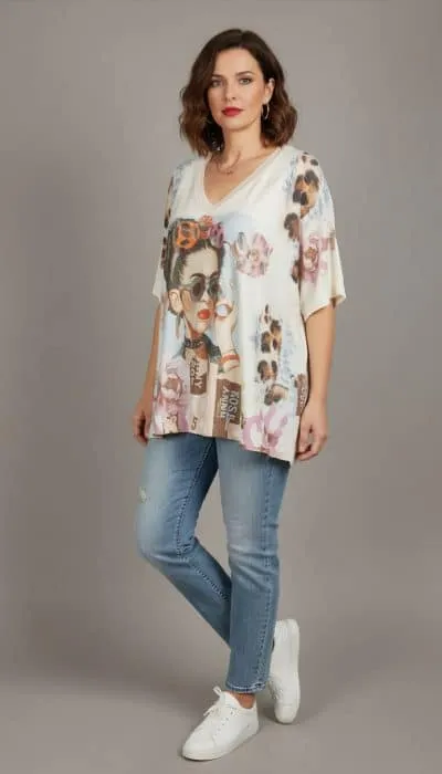 Home Entdecke deinen Look: Du trägst ein stylisches Shirt, angesagte Blue Jeans und weiße Sneaker vor modern-grauem Hintergrund.