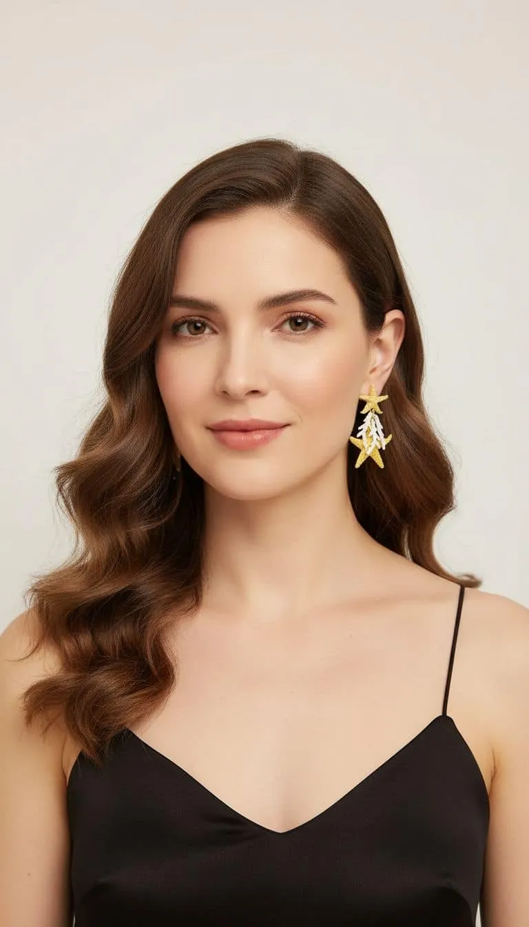 Erlebe, wie du mit welligem braunen Haar, dezentem Lächeln und schwarzem Kleid die Stella Marina Maritim Ohrringe präsentierst.