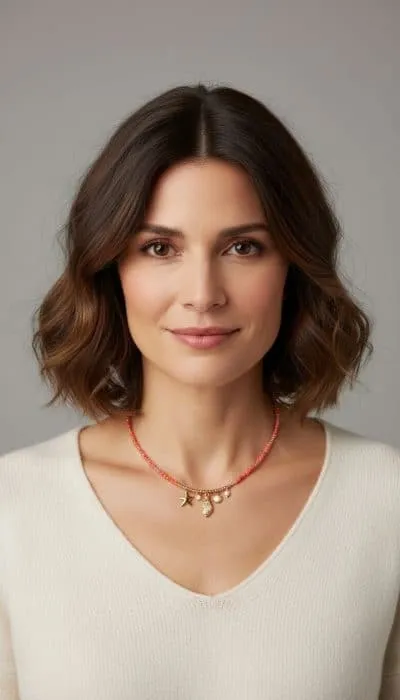 Lass dich von deinem natürlichen Look inspirieren - mit lockigem Haar, cremefarbenem Pullover und der Summer Muschel Kette.