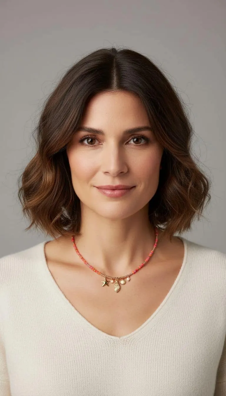 Lass dich von deinem natürlichen Look inspirieren - mit lockigem Haar, cremefarbenem Pullover und der Summer Muschel Kette.