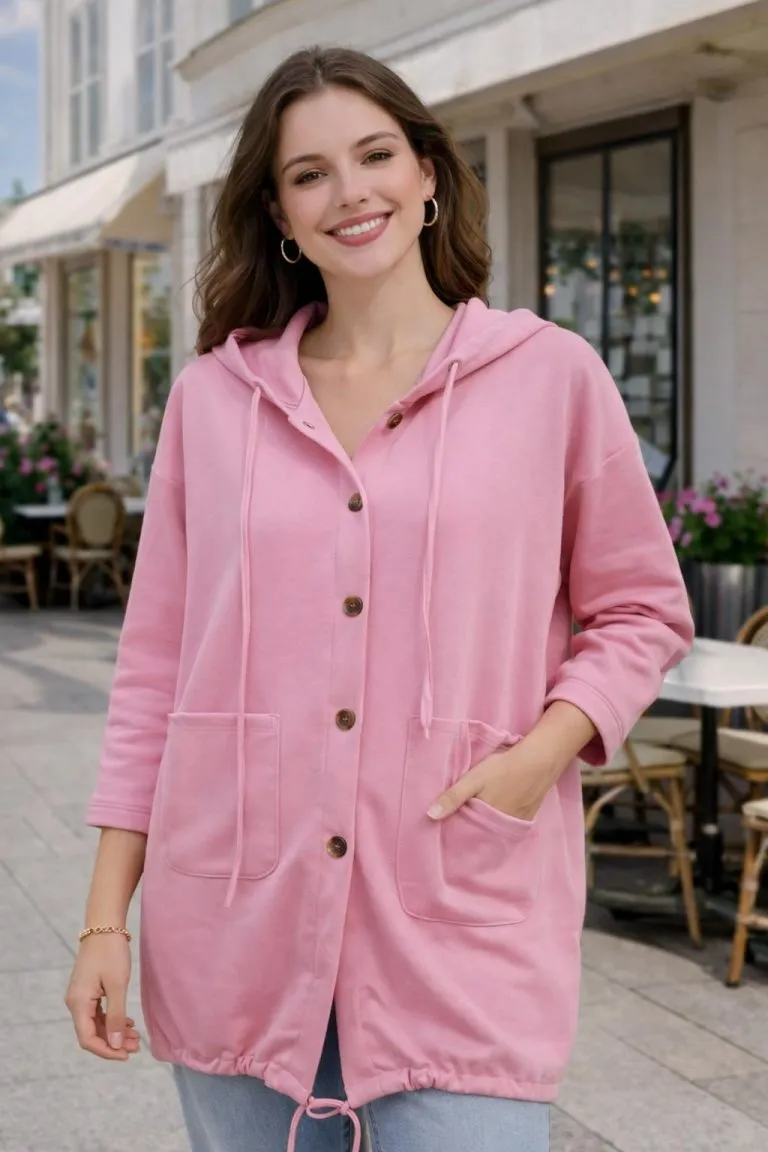 Butterfeel Premium Jacke: Modell in rosa Sweatjacke mit Kapuze und Knopfleiste, lässiger Stil.