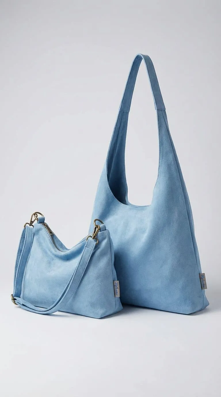 Entdecke zwei hellblaue Wildleder-Handtaschen: Wählen Sie die geräumige VELA SOFT Schultertasche oder das trendige Crossbody-Modell!.