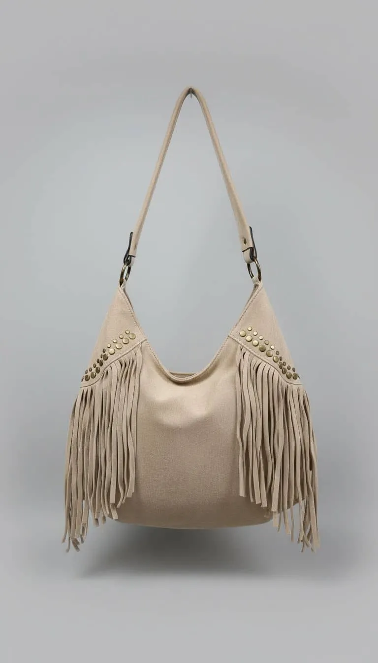 Entdecke deine neue beige Schultertasche mit stylischen Fransen und goldenen Nieten - das Must-have für deinen modernen Look!.