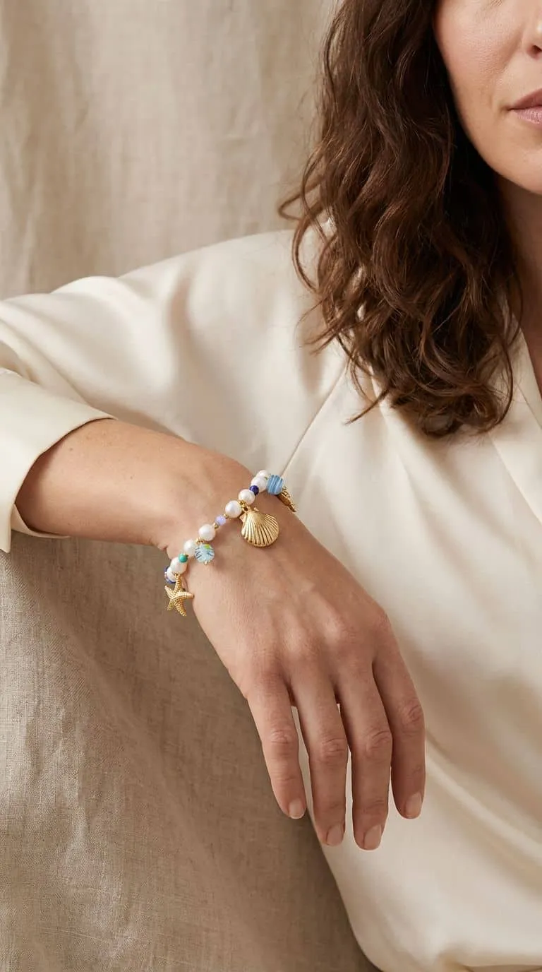 Erlebe den Turtle Dream Armband-Look: Du trägst Perlen mit Muschel- und Seestern-Anhängern zur eleganten Creme-Bluse!.