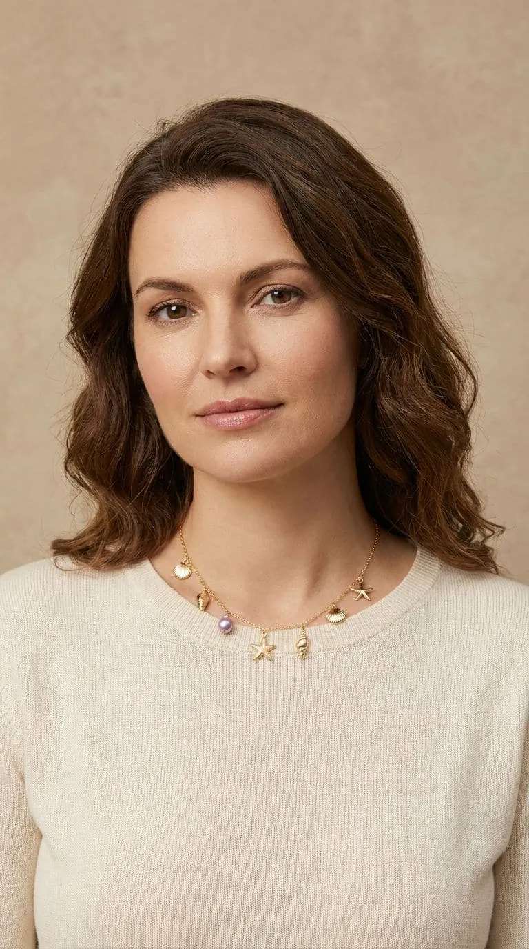 Du trägst das Urlaubsflair-Collier zu deinem cremefarbenen Sweater - deine braunen Wellen leuchten vor beigem Hintergrund.