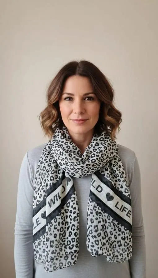 Du trägst den Wild Life Schal im angesagten Leopardenmuster zu deinem hellgrauen Top - stylisch, modern und absolut im Trend.