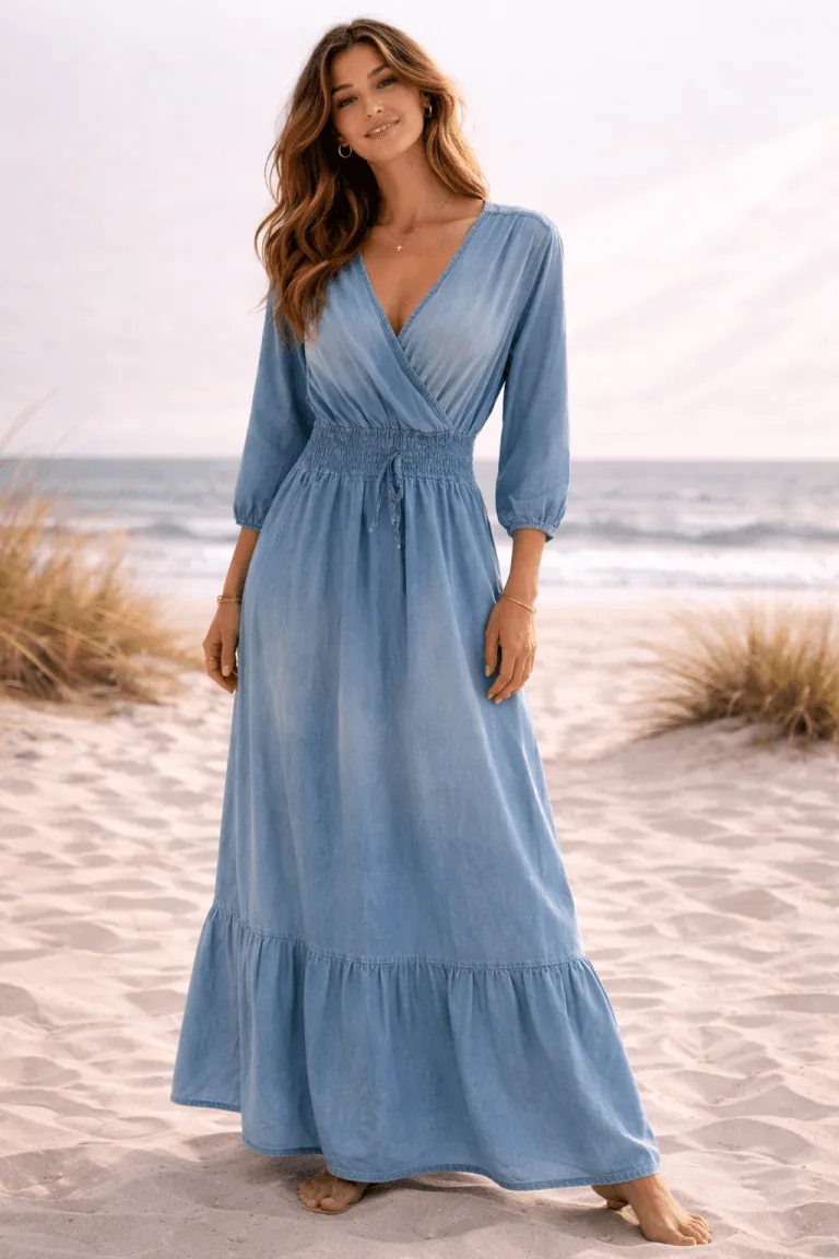 Denim Dream Boho-Kleid: Frau im langen, hellblauen Jeanskleid am Strand. Perfekt für einen lässigen Sommerlook.