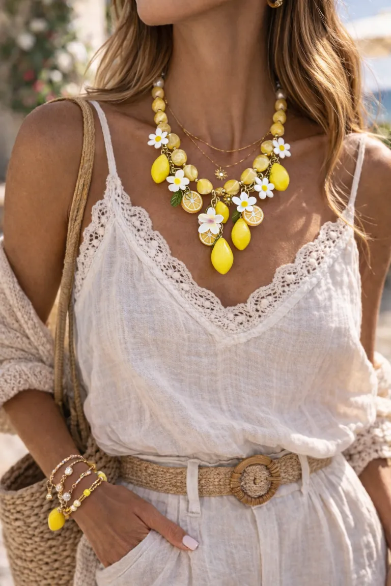 Sommerliche Zitronen Kette: Frau mit gelber Halskette, weißen Blumen und Zitronen-Anhängern. Modeschmuck für den Sommer.