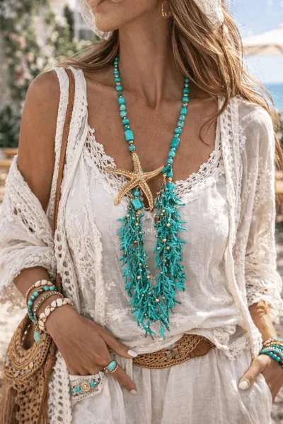 Ocean Coral Kette: Frau mit Türkis-Korallenkette und Seestern-Anhänger. Modeschmuck im Boho-Stil.