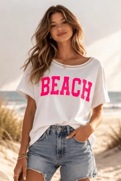 Frau trägt Beach-Time Shirt. Weißes T-Shirt mit pinkfarbenem 