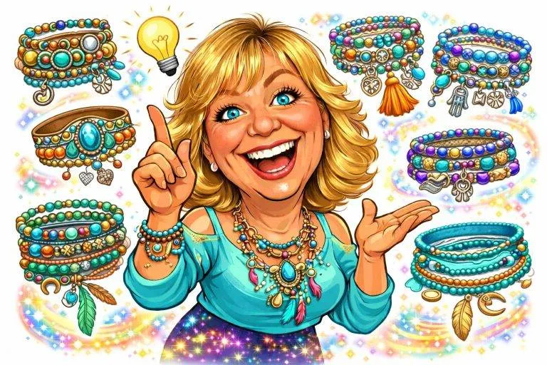 Frau mit Schmuck: Bunte Armbänder und Halskette. Handgefertigter Schmuck, Accessoires. Modeschmuck für Damen. Einzigartiger Stil.