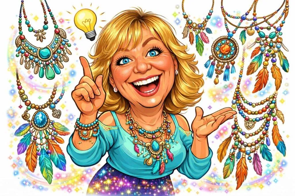 Boho Ketten: Fröhliche Frau präsentiert bunte, handgefertigte Boho-Ketten. Trendige Mode für individuellen Stil.