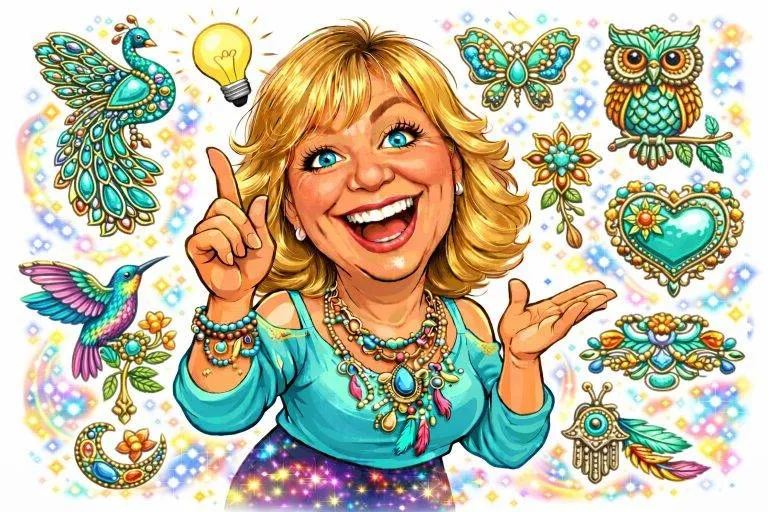 Frau mit Schmuck-Broschen: Pfau, Schmetterling, Eule, Kolibri, Herz. Modeschmuck und Accessoires, glitzernder Hintergrund.