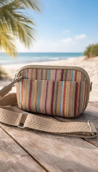 Home Beach Vibes Crossbody Tasche mit bunten Streifen vor Sandstrand. Perfekt für den Sommer!