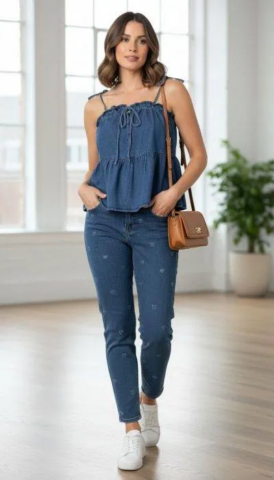 Denim-Top: Frau in Jeans und Top. Lässiger Look mit Jeanshose. Bequemes Outfit für den Alltag. Modische Kleidung.