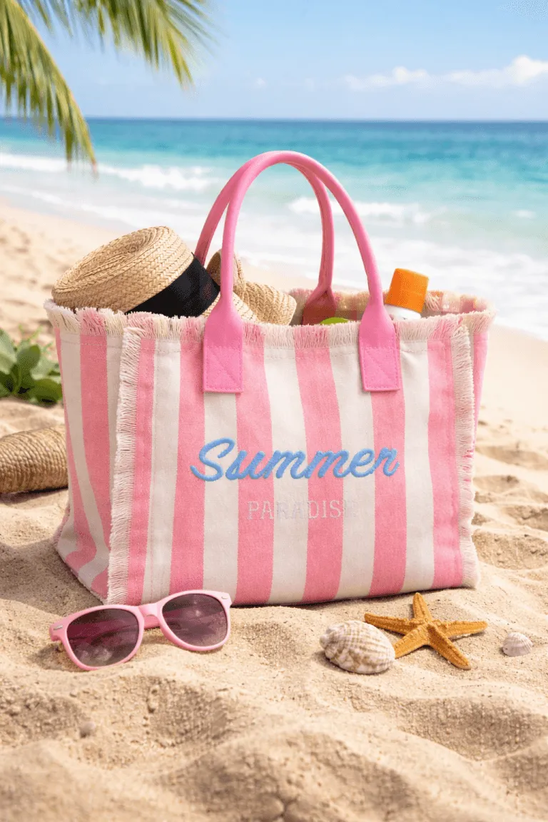 Sommer Paradise Canvas-Tasche mit Strandaccessoires am Meer. Rosa gestreifte Tasche für den perfekten Sommerurlaub.