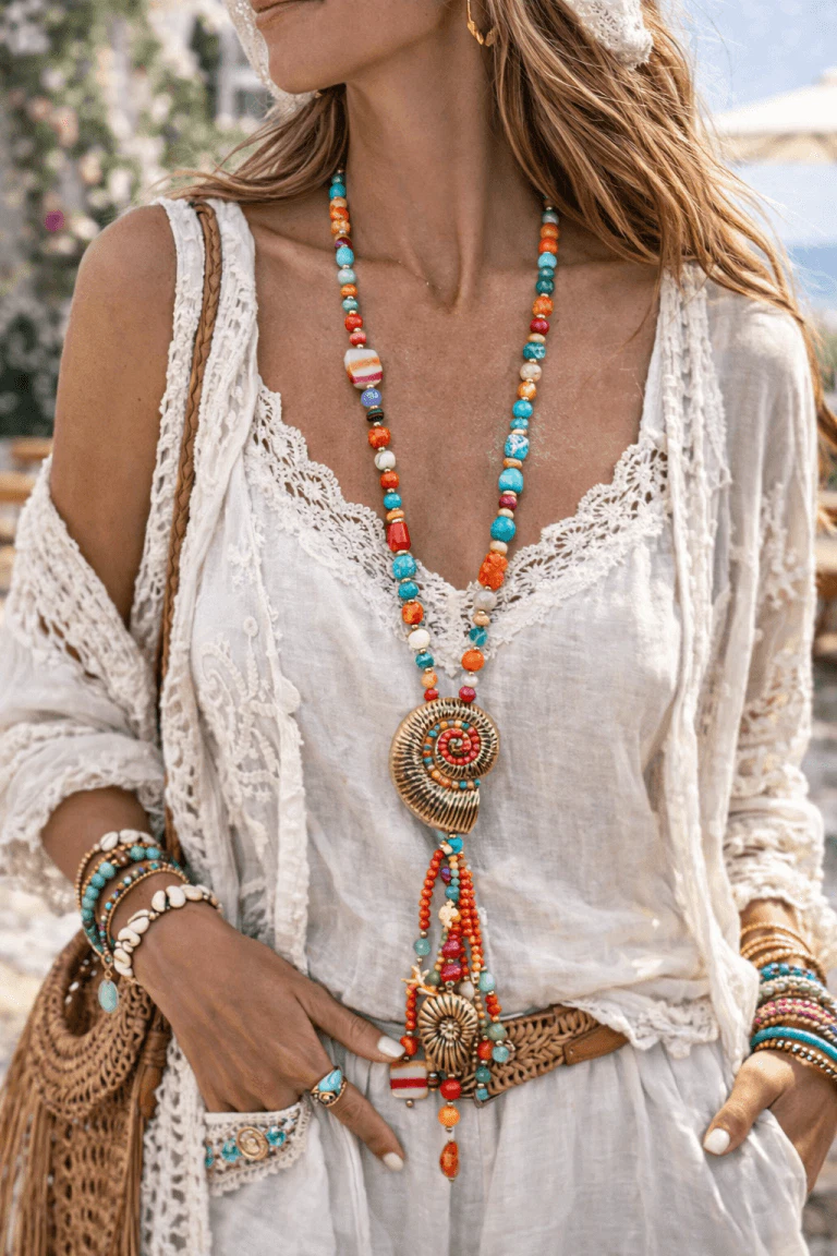 Sonnen- und Meeres-Boho-Kette: Frau mit langer, bunter Halskette mit Muschelanhänger und passenden Armbändern im Bohème-Stil.