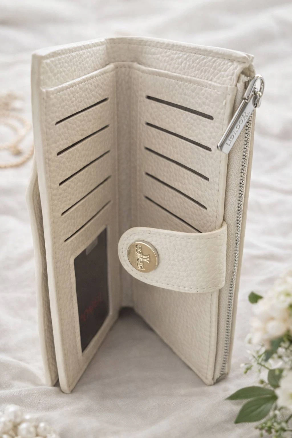 Offene PurePocket Geldbörse: Elegante Damen Geldbörse aus Leder mit vielen Kartenfächern und Reißverschluss. Produktfoto.