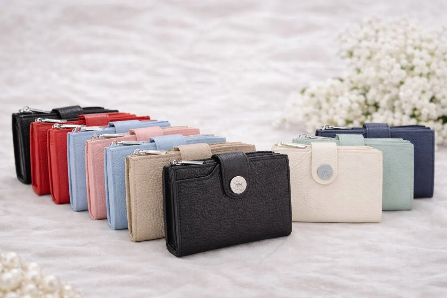 Klassische Geldbörsen in verschiedenen Farben. Elegante Damen Geldbörse aus Leder. Portemonnaie für Frauen.