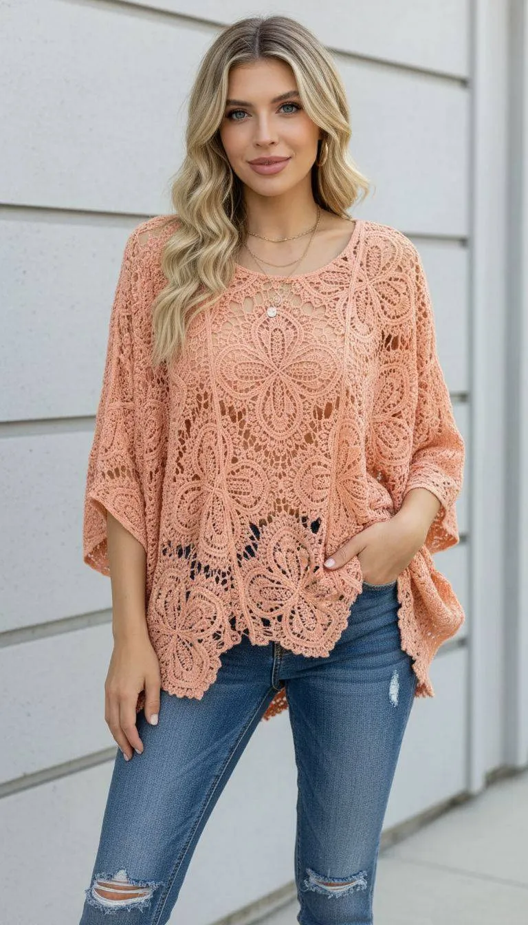 Boheme Häkeltunika in Orange: Frau trägt luftige, gehäkelte Tunika und Jeans. Stilvolle Sommerkleidung.