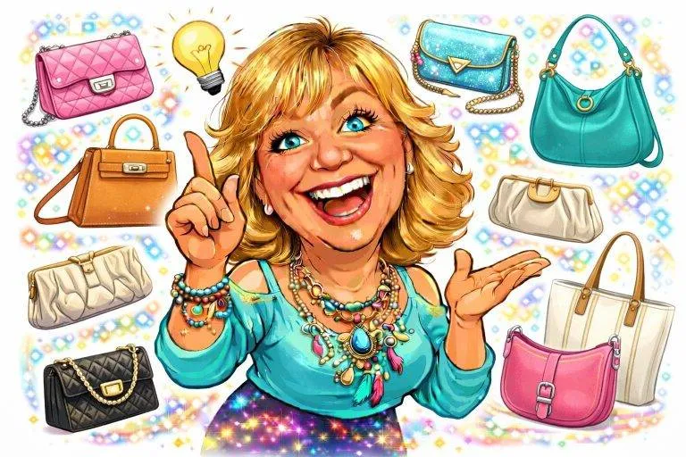 Frau mit Handtaschen: Auswahl an stilvollen Damenhandtaschen in verschiedenen Designs und Farben.