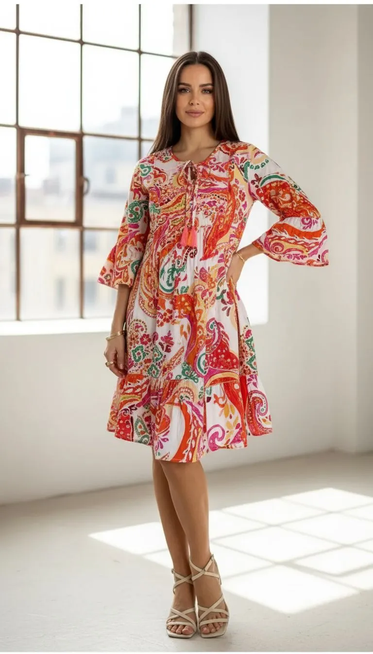 Ibiza Spirit Kleid: Frau in buntem Sommerkleid mit Paisley Muster. Leichtes, luftiges Kleid für den Sommer.
