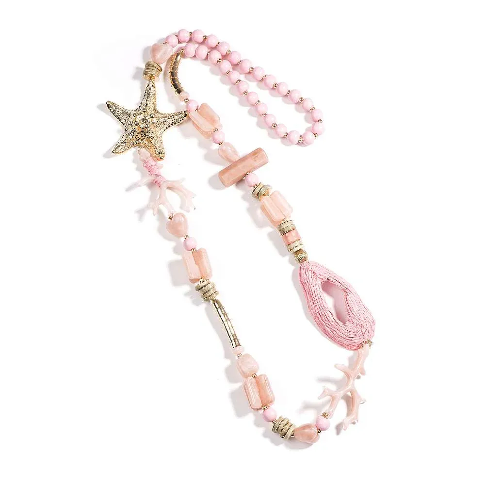 Lime Coast Boho Kette: Rosa Halskette mit Seestern-Anhänger, Koralle und Quaste. Modeschmuck im Boho-Stil.