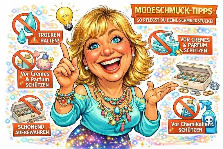 Modeschmuck Pflegetipps: Cartoon-Illustration einer Frau mit Modeschmuck, die Tipps zur Schmuckpflege gibt. Hinweise zum Schutz vor Wasser, Creme und Chemikalien.