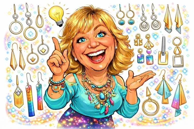 Frau mit Ohrringen-Kollektion. Vielfältige Ohrringe: Gold, Silber, Bunt. Schmuck-Idee mit Glühbirne. Modische Accessoires.