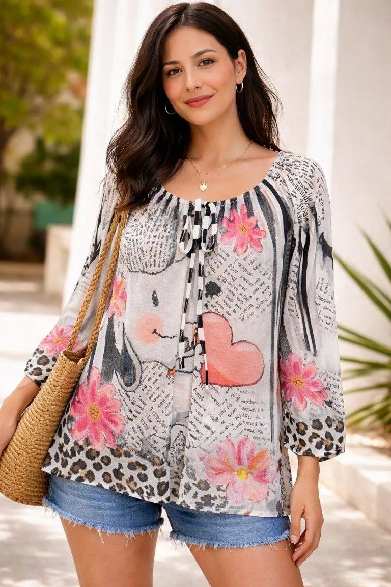 Newsletter Tunikabluse: Modell mit Blumenmuster, Herz und Leopardenmuster. Zweiteilig, modisch und bequem.